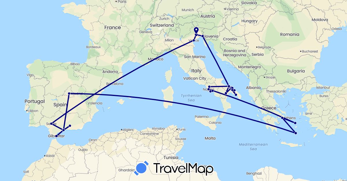 TravelMap itinerary: driving in Spain, Gibraltar, Greece, Italy (Europe)